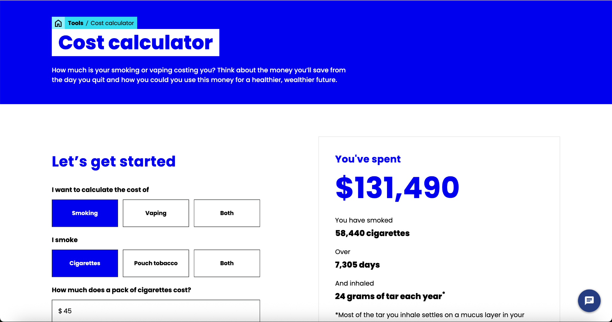 The Cost Calculator showing the financial impact of smoking over time
