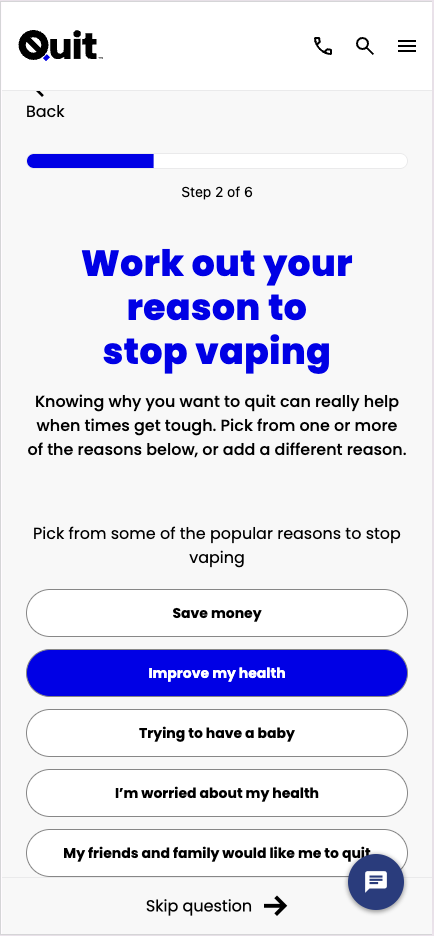 The mobile My Quit Plan experience, helping a user identify their reason to quit